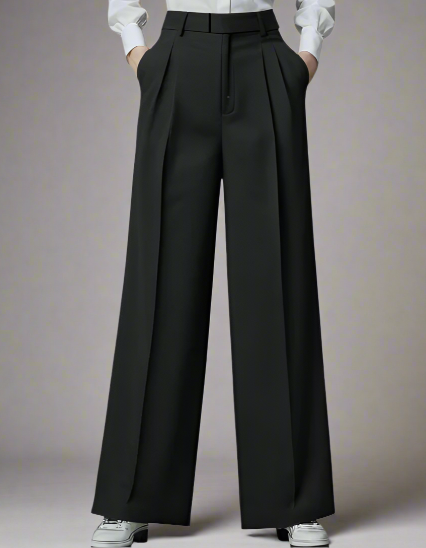 WOMEN'S DOUBLE PLEATED LOOSE BLACK TROUSER