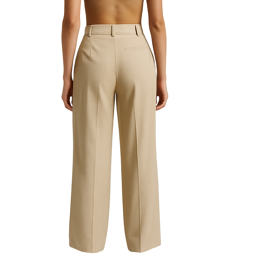 back image of female model wearing beige colour loose straight wide legs trouser. belt loops and single cut pocket