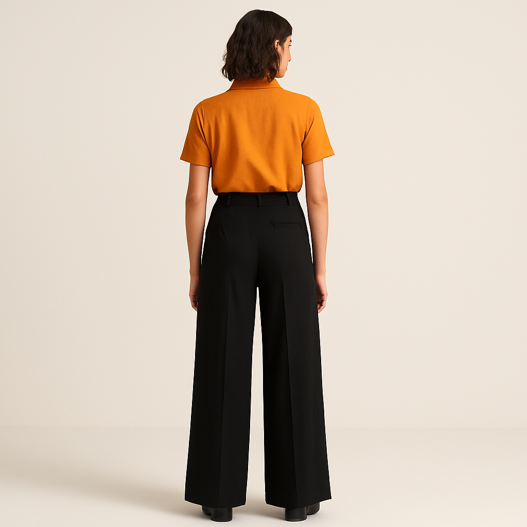 back image of female model wearing black loose straight wide legs trouser with saffron shirt insert in trouser. belt loops and single cut pocket