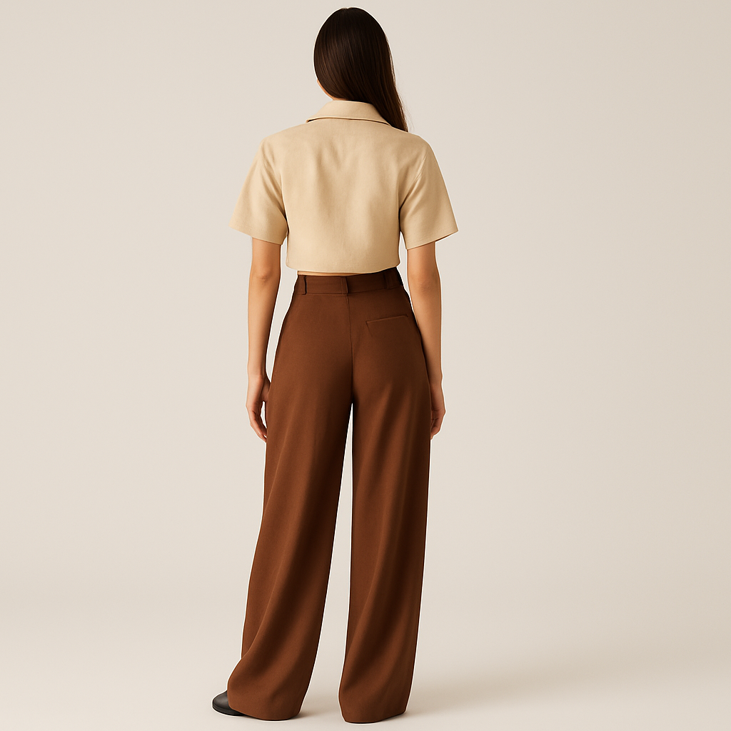BACK IMAGE OF FEMALE MODEL WEARING BROWN COLOUR LOOSE STRAIGHT FIT WIDE LEGS TROUSER WITH BELT LOOPS AND ONE CUT POCKET AT BACK. MODEL IS WEARING BEIGE COLOUR CROP SHIRT