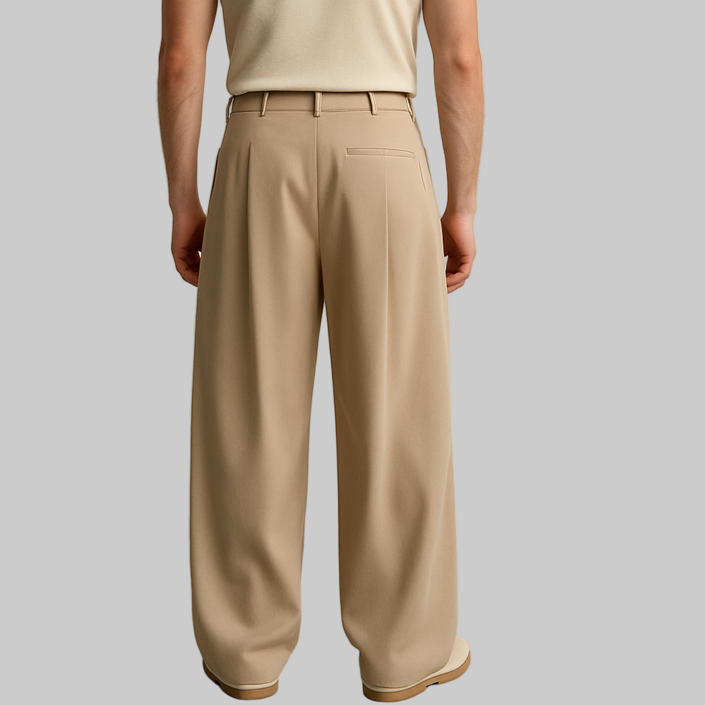 BACK IMAGE OF MALE MODEL WEARING BEIGE COLOUR LOOSE KOREAN TROUSER WITH VERY EXTRA WIDE LEGS WITH SINGLE CUTPOCKET AT RIGHT BACK. BELT LOOPS AT WAIST. MODEL IS WEARING CREAM FITTED T SHIRT AND CREAM SHOES.