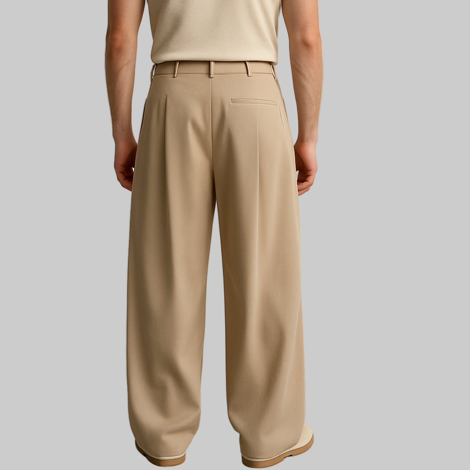 BACK IMAGE OF MALE MODEL WEARING BEIGE COLOUR LOOSE KOREAN TROUSER WITH VERY EXTRA WIDE LEGS WITH SINGLE CUTPOCKET AT RIGHT BACK. BELT LOOPS AT WAIST. MODEL IS WEARING CREAM FITTED T SHIRT AND CREAM SHOES.