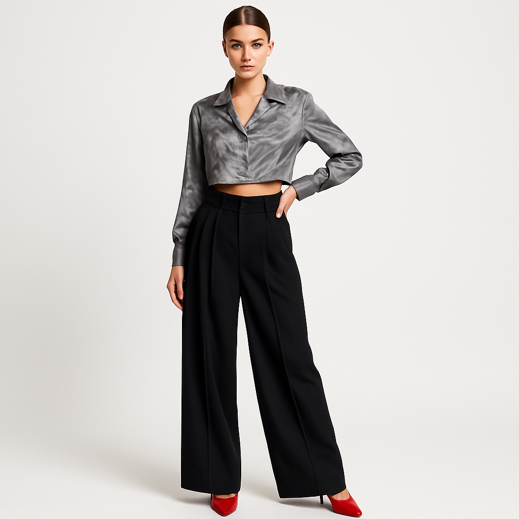 FEMALE MODEL WEARING BLACK DOUBLE PLEATED LOOSE STRAIGHT FROM HIPS  AND EXTRA WIDE LEGS. TROUSER HAVE CROSS POCKETS AT FRONT ,BELT LOOPS . MODEL IS POSING WITH ONE HAND ON WAIST AND OTHER HAND STRAIGHT. MODEL IS WEARING RE HIGH HEELS WITH SATIN GREY PRINTED CROP SHIRT