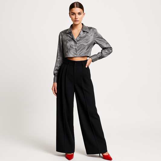 FEMALE MODEL WEARING BLACK DOUBLE PLEATED LOOSE STRAIGHT FROM HIPS  AND EXTRA WIDE LEGS. TROUSER HAVE CROSS POCKETS AT FRONT ,BELT LOOPS . MODEL IS POSING WITH ONE HAND ON WAIST AND OTHER HAND STRAIGHT. MODEL IS WEARING RE HIGH HEELS WITH SATIN GREY PRINTED CROP SHIRT
