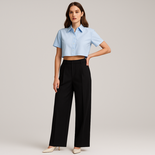 FEMALE MODEL WEARING BLACK TROUSER WITHOUT ANY PLEATS. PREMIUM LOOKING FABRIC. LOOSE STRAIGHT FROM HIPS  AND EXTRA WIDE LEGS. TROUSER HAVE CROSS POCKETS AT FRONT ,BELT LOOPS . MODEL IS POSING WITH ONE HAND ON WAIST AND OTHER HAND STRAIGHT. WEARING LIGHT SKY BLUE COLLARED CROP FULL SHIRT WITH CREAM HIGH HEELS
