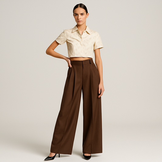 FEMALE MODEL WEARING BROWN DOUBLE PLEATED LOOSE STRAIGHT FROM HIPS AND EXTRA WIDE LEGS. TROUSER HAVE CROSS POCKETS AT FRONT ,BELT LOOPS . MODEL IS POSING WITH ONE HAND ON WAIST AND OTHER HAND STRAIGHT. MODEL IS WEARING BLACK HIGH HEELS WITH PRINTED CREAM COLOUR CROP SHIRT