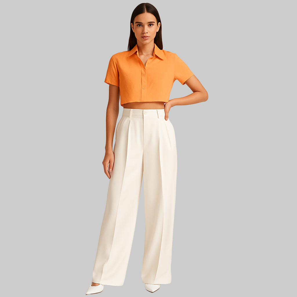 FEMALE MODEL WEARING  WHITE  DOUBLE PLEATED LOOSE STRAIGHT FROM HIPS  AND EXTRA WIDE LEGS. TROUSER HAVE CROSS POCKETS AT FRONT ,BELT LOOPS . MODEL IS POSING WITH ONE HAND ON WAIST AND OTHER HAND STRAIGHT. MODEL IS WEARING WHITE HEELS WITH LIGHT ORANGE CROP SHIRT