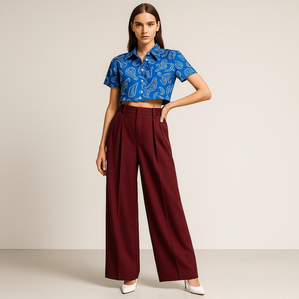 FEMALE MODEL WEARING  wine  DOUBLE PLEATED LOOSE STRAIGHT FROM HIPS  AND EXTRA WIDE LEGS. TROUSER HAVE CROSS POCKETS AT FRONT ,BELT LOOPS . MODEL IS POSING WITH ONE HAND ON WAIST AND OTHER HAND STRAIGHT. MODEL IS WEARING WHITE HIGH HEELS WITH ROYAL BLUE PRINTED CROP SHIRT