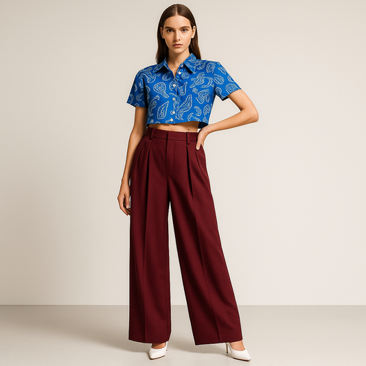 FEMALE MODEL WEARING  wine  DOUBLE PLEATED LOOSE STRAIGHT FROM HIPS  AND EXTRA WIDE LEGS. TROUSER HAVE CROSS POCKETS AT FRONT ,BELT LOOPS . MODEL IS POSING WITH ONE HAND ON WAIST AND OTHER HAND STRAIGHT. MODEL IS WEARING WHITE HIGH HEELS WITH ROYAL BLUE PRINTED CROP SHIRT