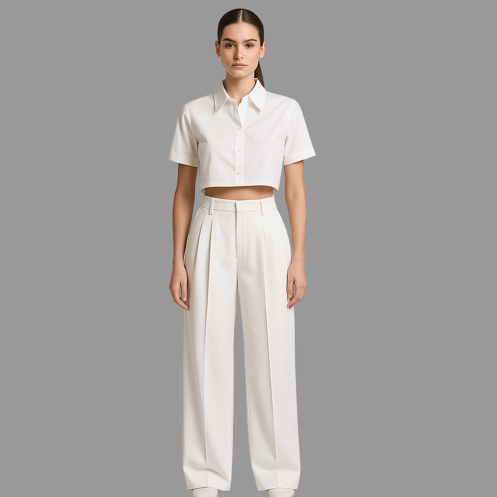 Front full  image of female model wearing double pleated white colour loose straight wide legs trouser.  wearing pure white crop shirt. Cross pockets at each side. Belt loops, fly, hook and eye closure.