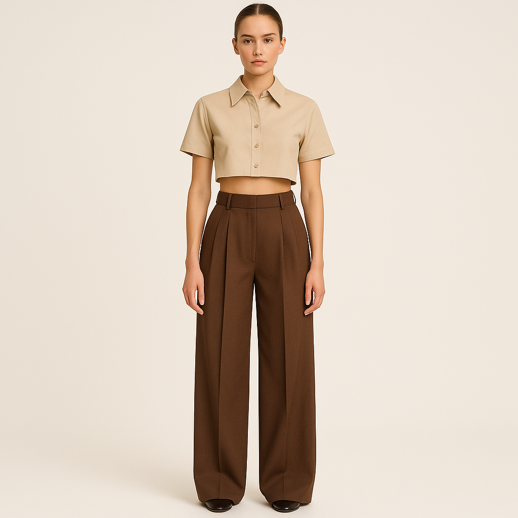Front image of female model wearing double pleated  brown colour loose straight  fall till bottom with extra wide legs trouser.  Hour glass fitting at waist. wearing beige colour crop shirt. Cross pockets at each side. Belt loops, fly, hook and eye closure.