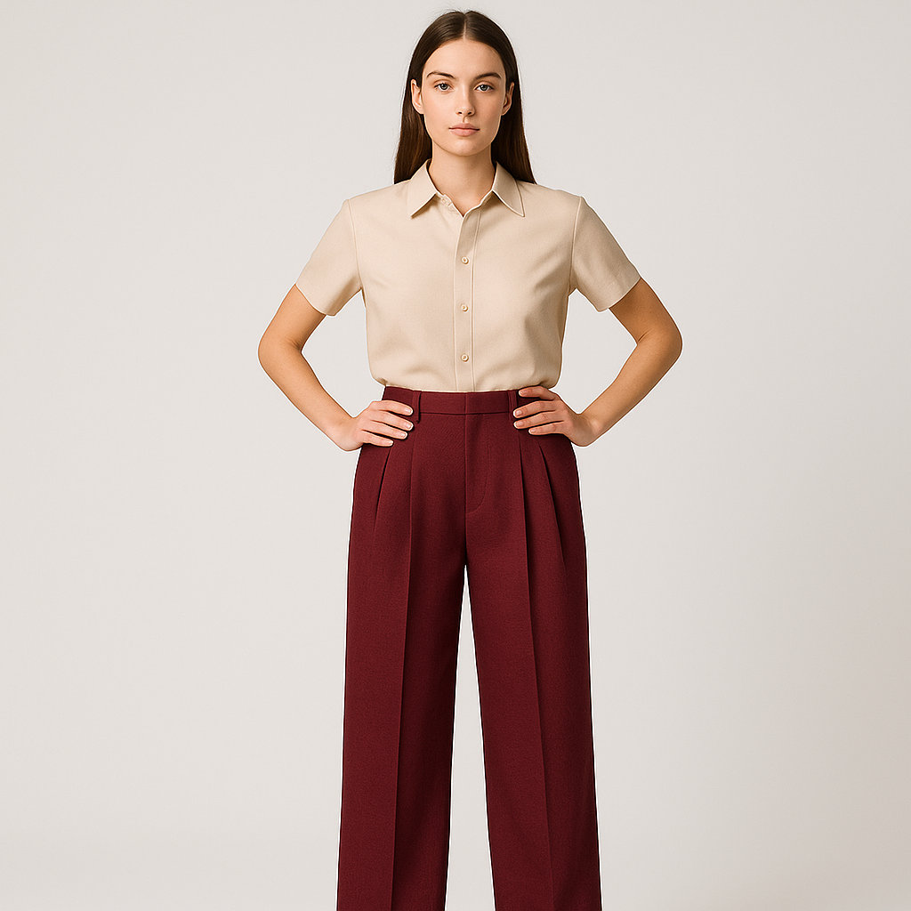 Front image of female model wearing double pleated Wine colour loose straight wide legs trouser.  wearing light beige shirt with hands on waist hands . Cross pockets at each side. Belt loops, fly, hook and eye closure.