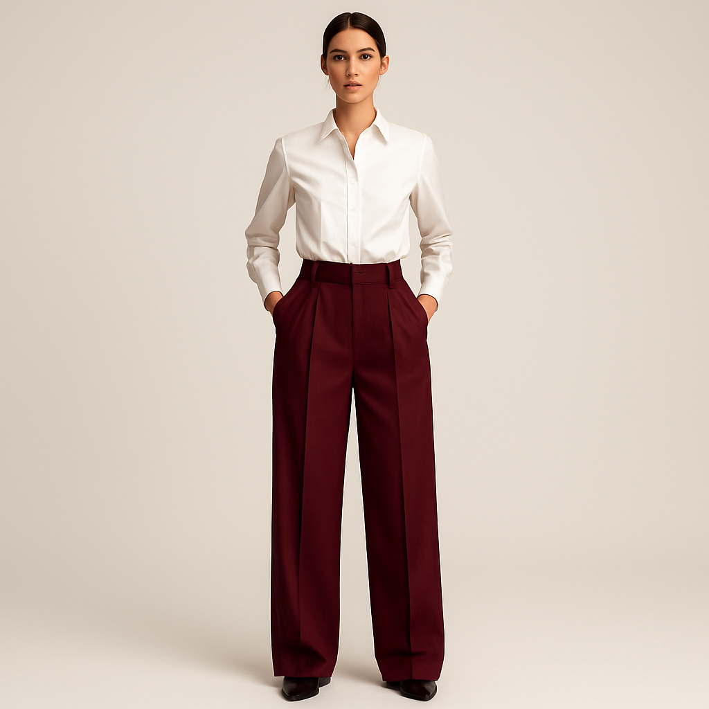 Front image of female model wearing double pleated Wine colour loose straight wide legs trouser.  wearing pure white shirt. Cross pockets at each side. Belt loops, fly, hook and eye closure.