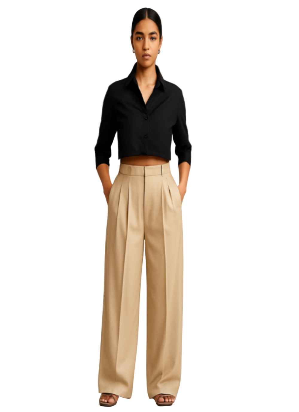 Front image of indian female model wearing double pleated  beige colour loose straight wide legs trouser.  wearing black crop  shirt. Cross pockets at each side. Belt loops, fly, hook and eye closure.
