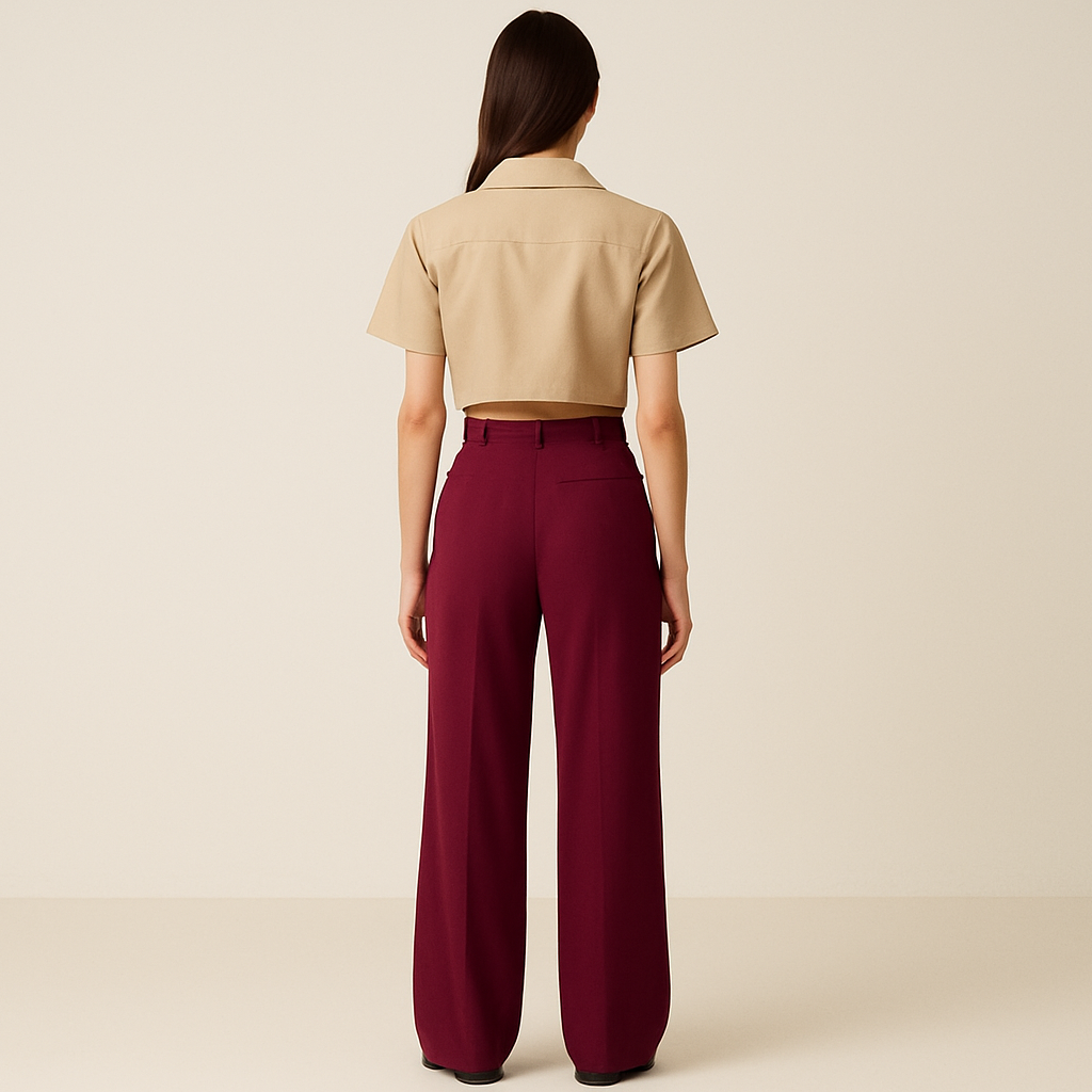 Full BACK IMAGE OF FEMALE MODEL WEARING wine COLOUR LOOSE STRAIGHT FIT WIDE LEGS TROUSER WITH BELT LOOPS AND ONE CUT POCKET AT BACK. MODEL IS WEARING BEIGE COLOUR CROP SHIRT
