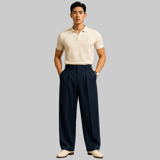 FULL IMAGE OF ASAIN MALE MODEL WEARING NAVY BLUE  DOUBLE PLEATED LOOSE  EXTRA WIDE LEGS. KOREAN TROUSER WITH CROSS POCKETS AT FRONT ,BELT LOOPS . MODEL IS 6.4 INCHES TALL WEARING  FITTED CREAM COLOUR HALF SHIRT AND WRIST WATCH WITH CREAM SHOES .