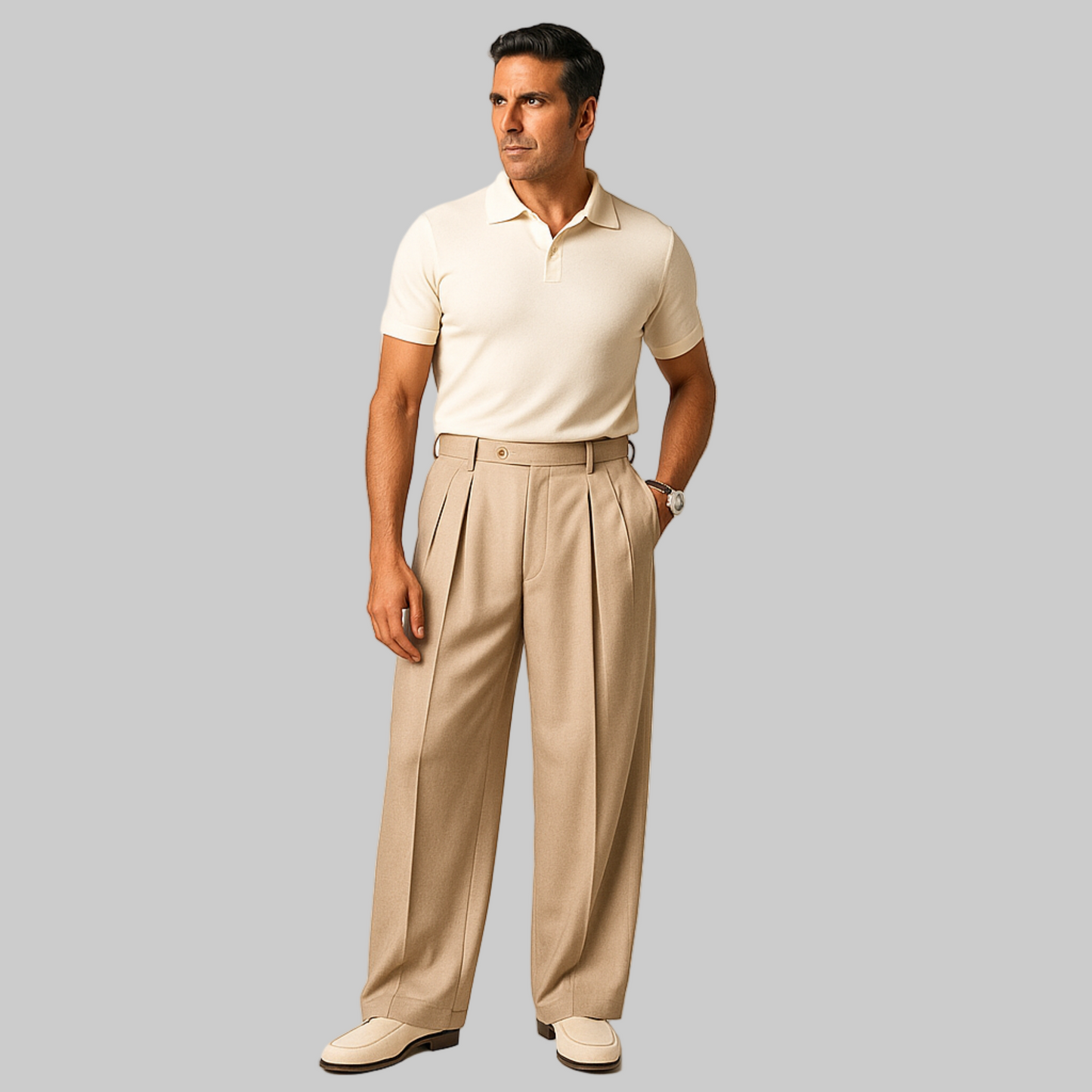 FULL IMAGE OF MALE MODEL WEARING BEIGE COLOUR DOUBLE PLEATED LOOSE WITH  EXTRA WIDE LEGS. KOREAN TROUSER WITH CROSS POCKETS AT FRONT ,BELT LOOPS . MODEL IS 6.4 INCHES  LOOKS LIKE AKSHAY KUMAR TALL WEARING  FITTED CREAM COLOUR HALF SHIRT AND WRIST WATCH WITH CREAM SHOES .