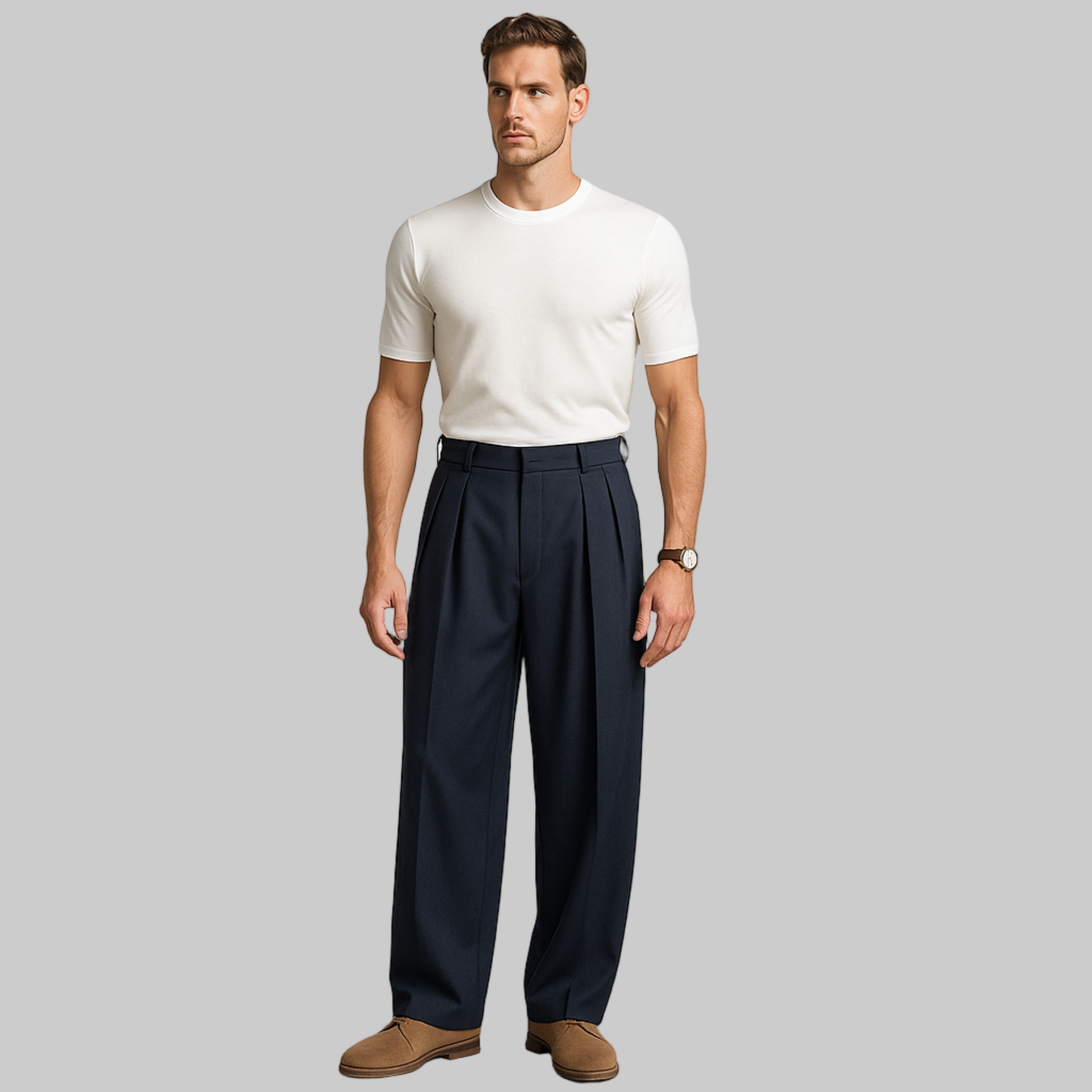 FULL IMAGE OF MALE MODEL WEARING NAVY COLOUR DOUBLE PLEATED LOOSE  MUCH EXTRA WIDE LEGS. KOREAN TROUSER WITH CROSS POCKETS AT FRONT ,BELT LOOPS . MODEL IS 6.4 INCHES TALL WEARING  FITTED WHITE  COLOUR HALF SHIRT AND WRIST WATCH WITH LIGHT BROWN  SHOES .