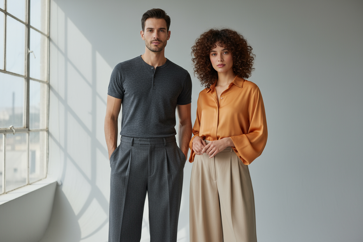 full images of Indian fair looking male with sharp face features with light stubble beard wearing nice cool henley t shirt paired with pleated loose korean trouser  and female model with curly hairs dove eyed fair looking wearing full collared light orange colour shirt paired with beige loose pleated trouser.