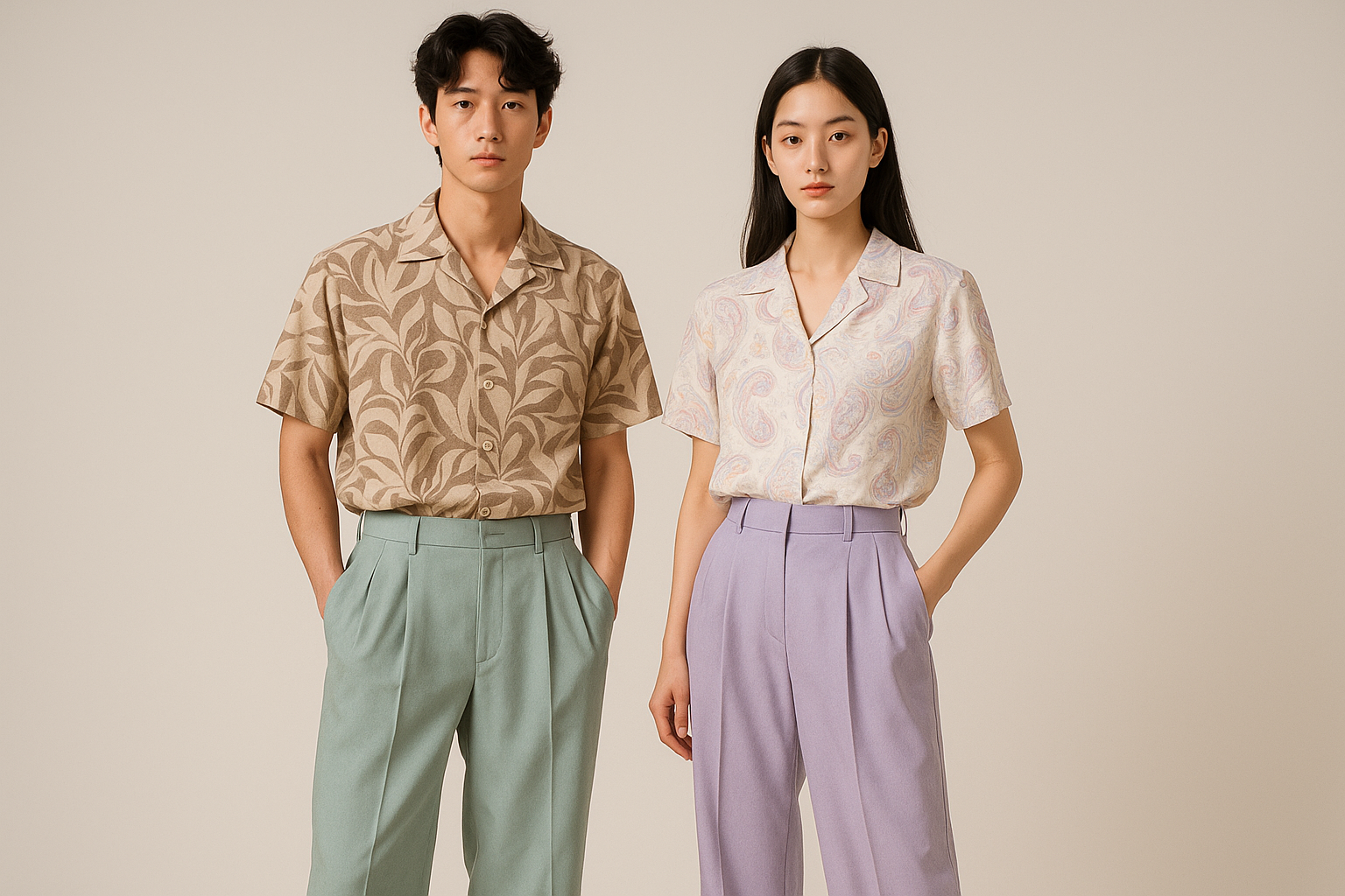 male and female model standing togather wearing printed shirts with pastel colour loose korean pleated trouser