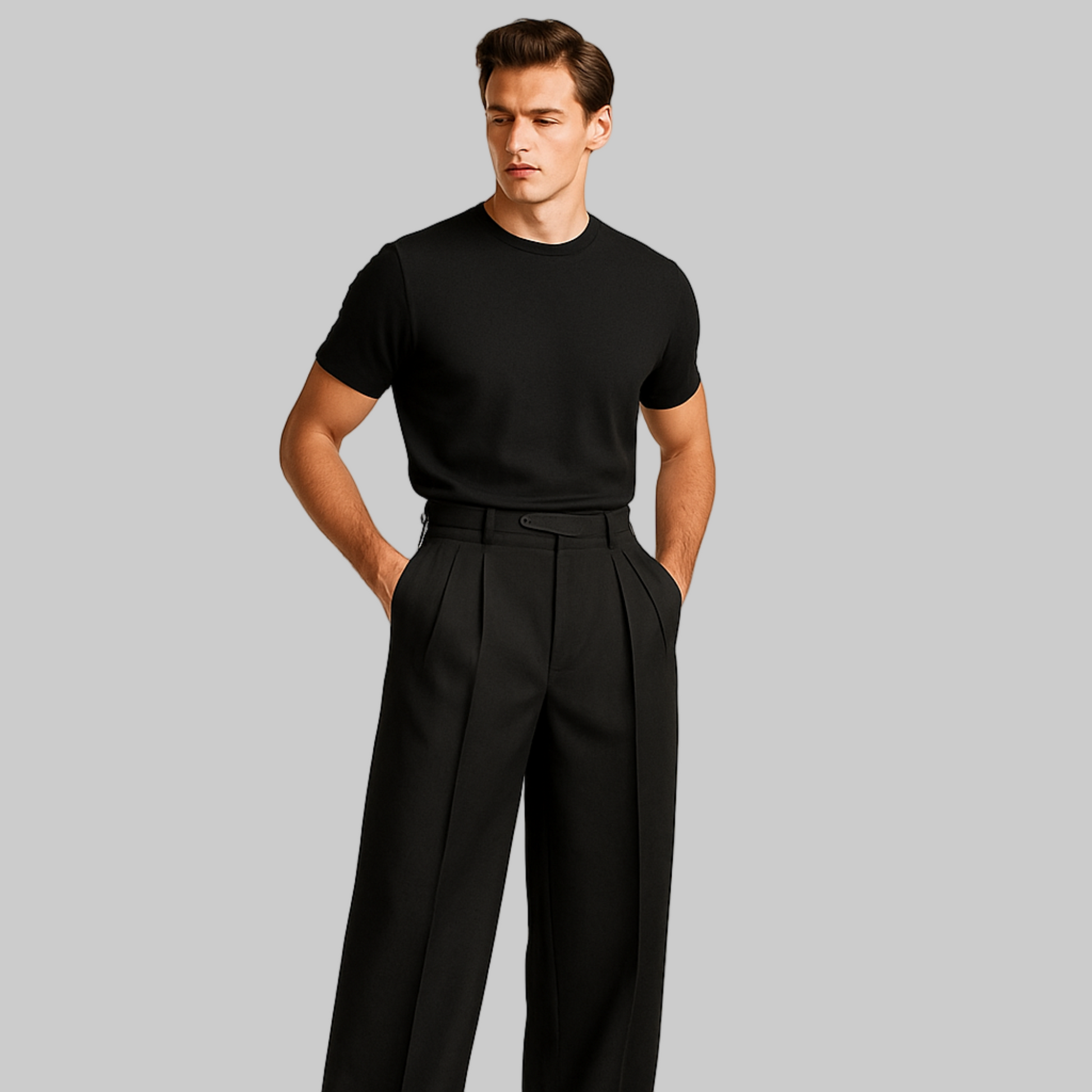 MALE MODELLOOKING LIKE HRITIK RISHAN  WEARING  BLACK  DOUBLE PLEATED LOOSE STRAIGHT FROM HIPS  AND EXTRA WIDE LEGS. TROUSER HAVE CROSS POCKETS AT FRONT ,BELT LOOPS .