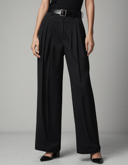 WOMEN'S DOUBLE PLEATED LOOSE BLACK TROUSER