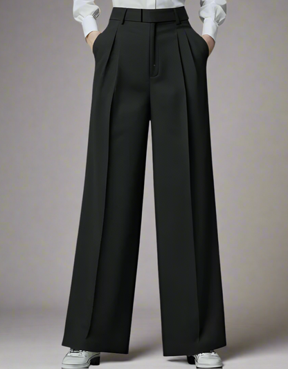 WOMEN'S DOUBLE PLEATED LOOSE BLACK TROUSER