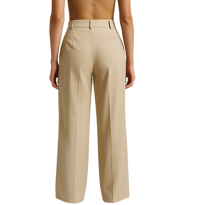 back image of female model wearing beige colour loose straight wide legs trouser. belt loops and single cut pocket