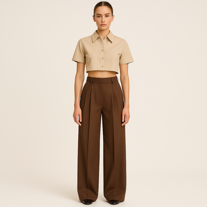 Front image of female model wearing double pleated  brown colour loose straight  fall till bottom with extra wide legs trouser.  Hour glass fitting at waist. wearing beige colour crop shirt. Cross pockets at each side. Belt loops, fly, hook and eye closure.